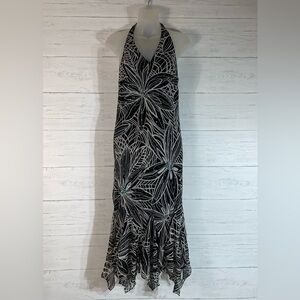 Y2K Cato halter dress black & white turquoise sequins asymmetrical hem 10